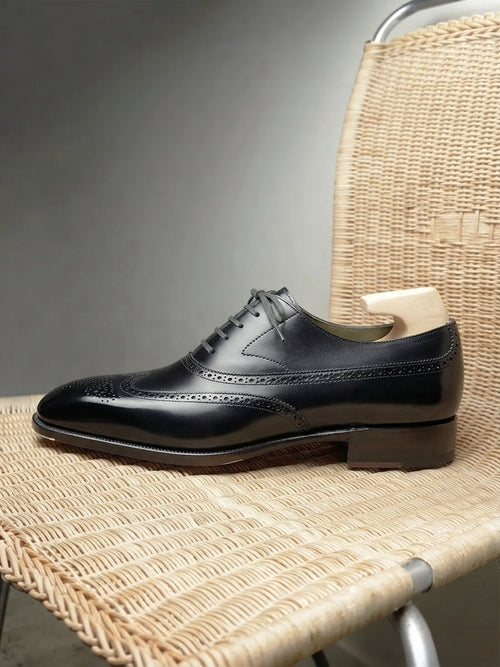 Black Leather Giovanni Brogue Oxford - Italian
