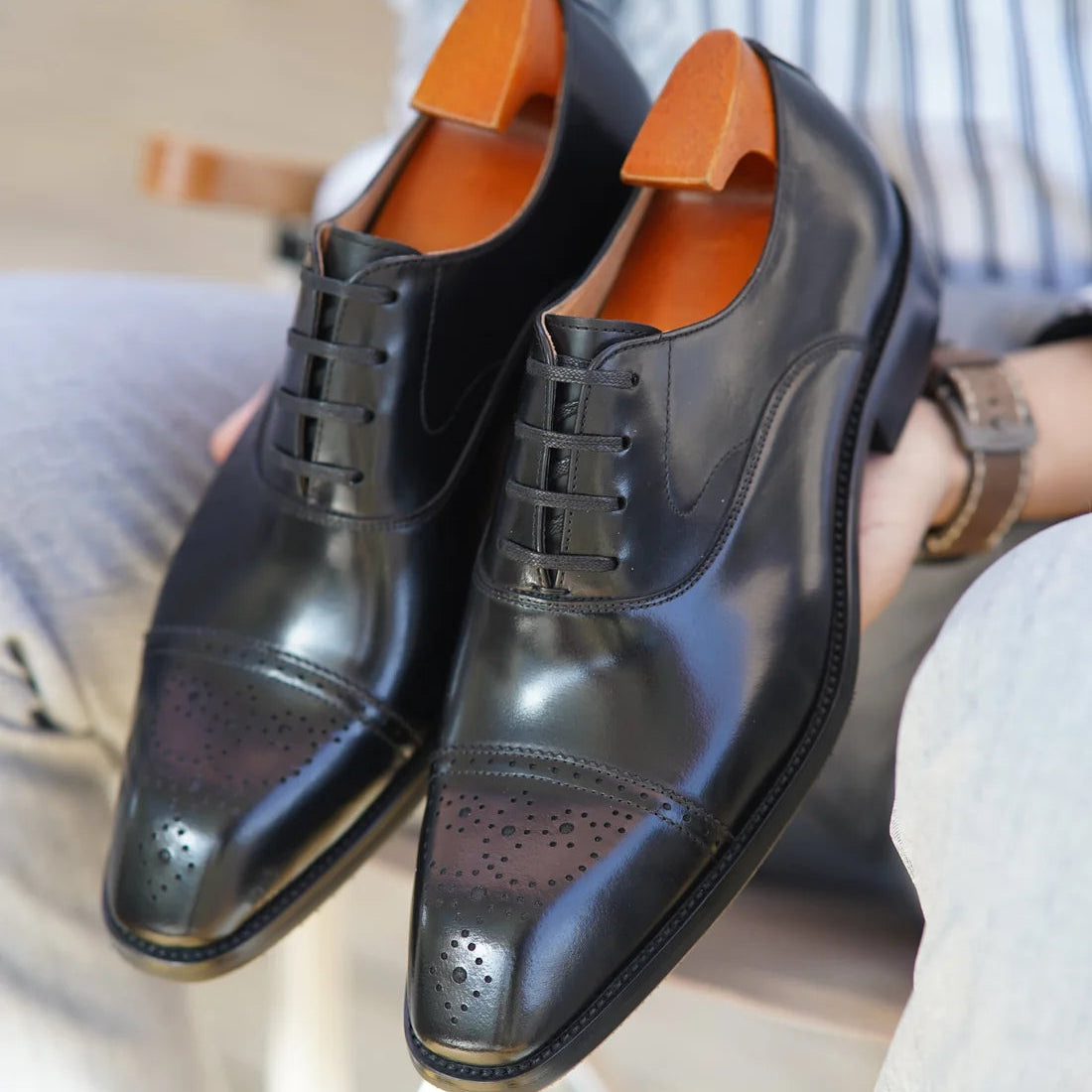Black Leather Lombardia Brogue Oxford - Italian