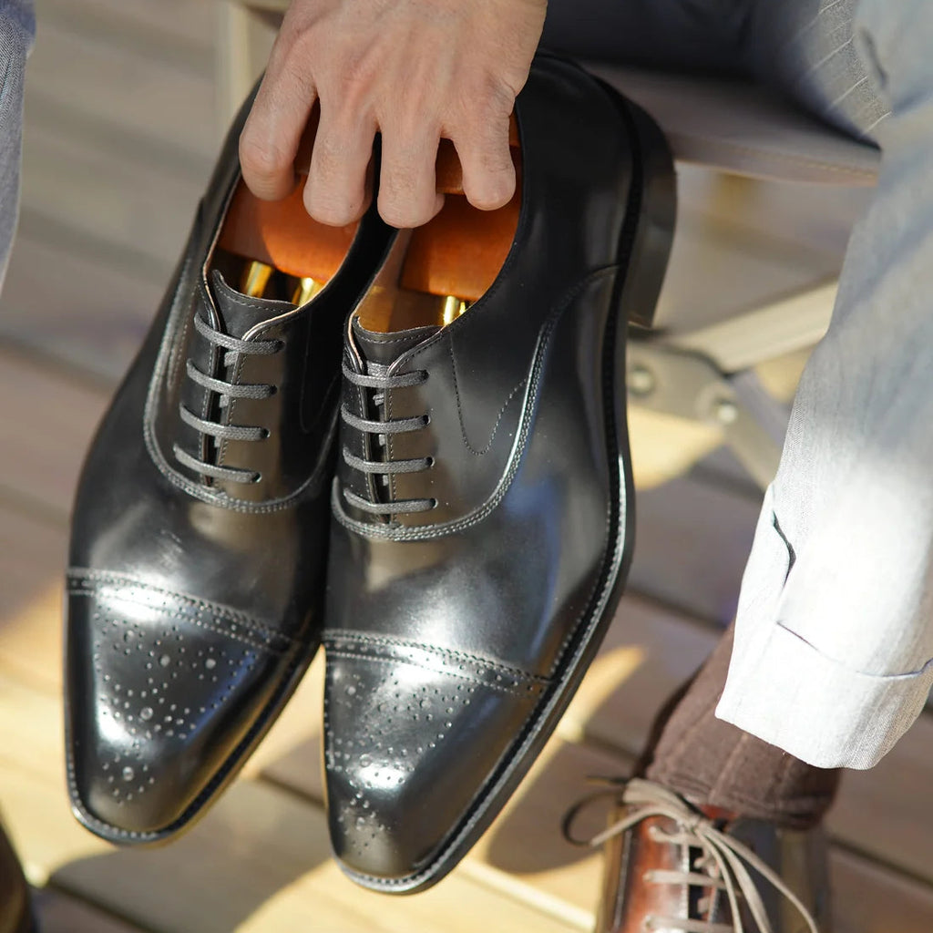 Black Leather Lombardia Brogue Oxford - Italian