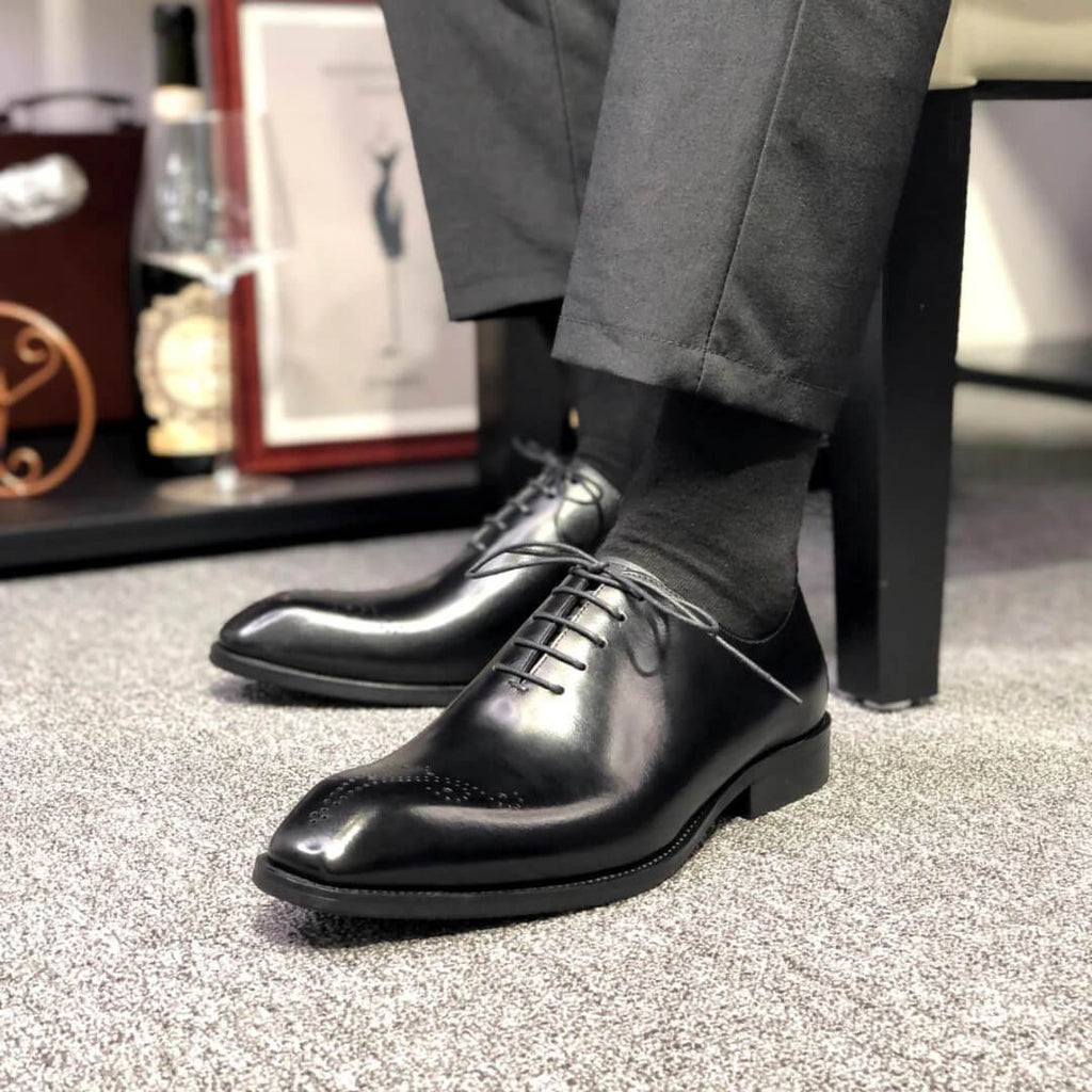 Black Leather Lucca Brogue Oxford - Italian