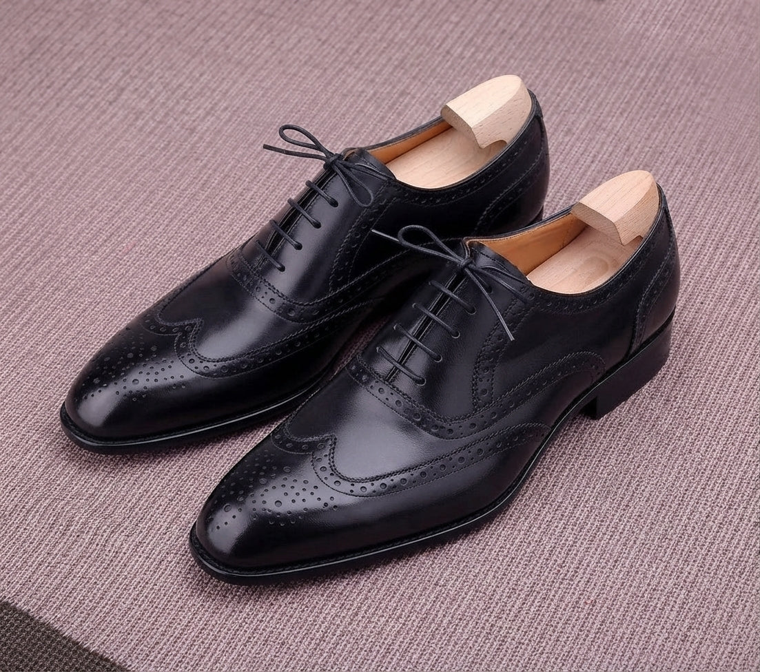 Black Leather Sebastian Brogue Oxford - Italian