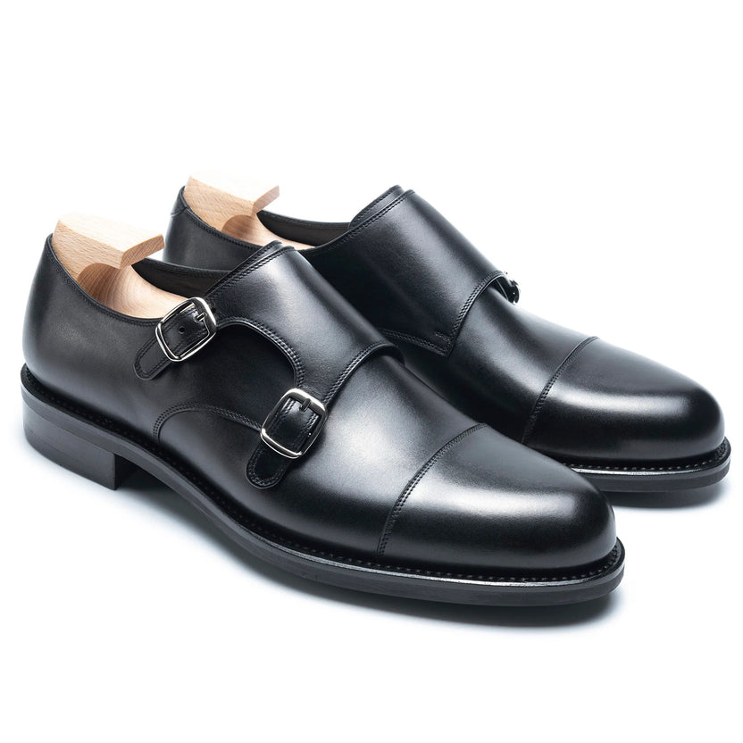 Black Leather Jovelli Monk Strap Shoes