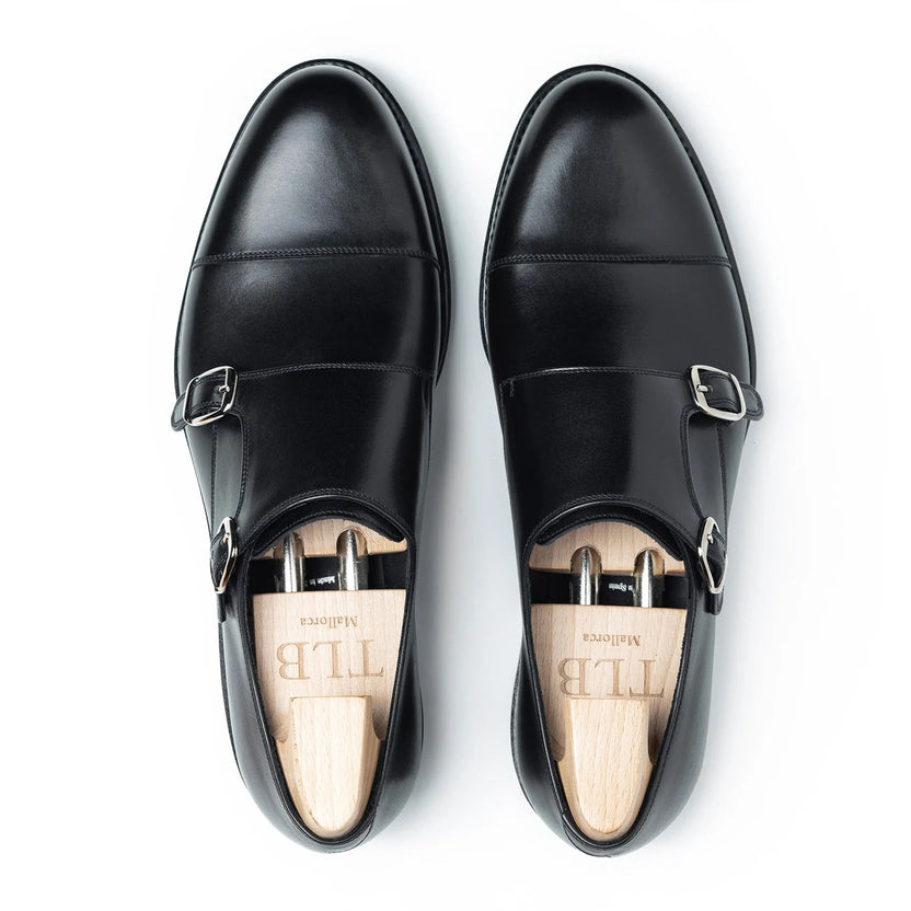 Black Leather Jovelli Monk Strap Shoes